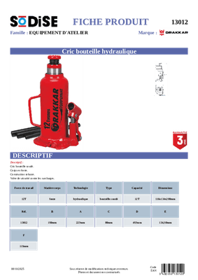 Equipement d'atelier - Levage - Cric hydraulique 12 T